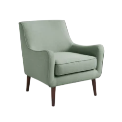 Sea-foam green mid-century modern arm chair. Flat top with curved arms towards the front