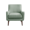 Front view of sea-foam green chair with mid-century modern inspired curves. Wooden legs