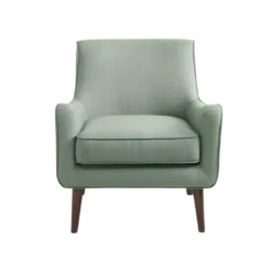 Front view of sea-foam green chair with mid-century modern inspired curves. Wooden legs