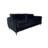 Side view of black velvet contemporary sofa. Two cushions, black metal legs