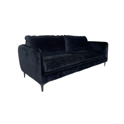 Side view of black velvet contemporary sofa. Two cushions, black metal legs