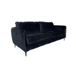 Side view of black velvet contemporary sofa. Two cushions, black metal legs