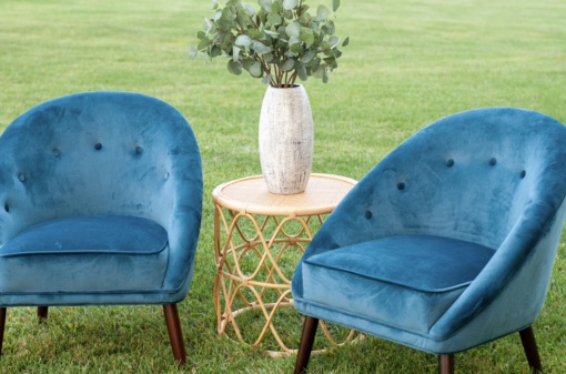 Two blue velvet chairs of mid-century modern style. Round rattan side table in between with a plant in a white vase on the table.