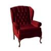 Deep red velvet wing back arm chair. Tufted back with cruved wooden legs.