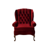 Front view of deep red velvet chair with tufted back, rolled arms, and curved wooden legs.