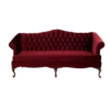Deep red victorian sofa with button tufted back, rolled arms, curved wooden legs, and 1 long cushion.