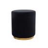 Solid black velvet round ottoman with a gold base