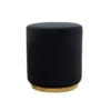 Solid black velvet round ottoman with a gold base