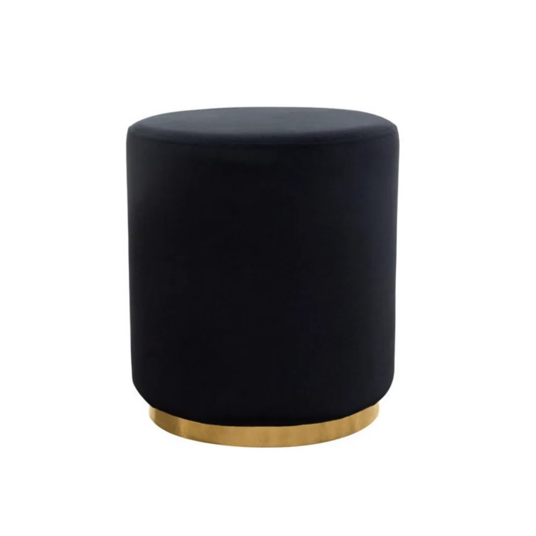 Tala Velvet Ottoman WEBP Solid black velvet round ottoman with a gold base