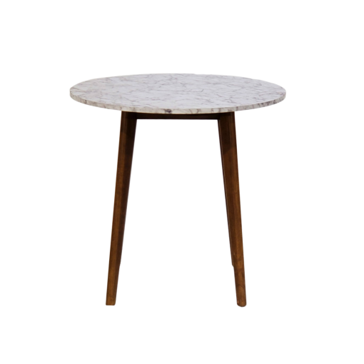 Round marble bistro table with straight wooden legs.