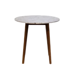 Round marble bistro table with straight wooden legs.