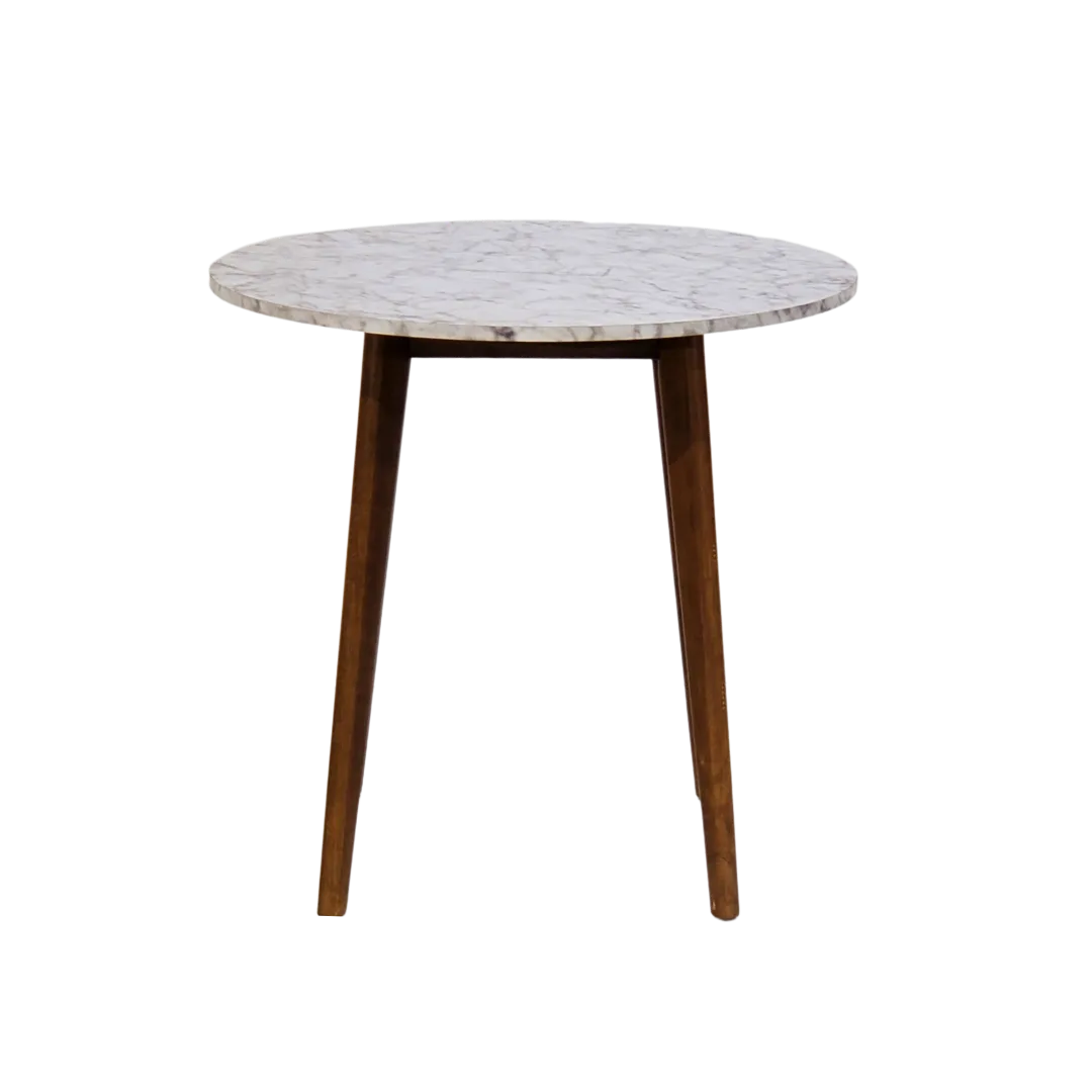 Tansen Table WEBP Round marble bistro table with straight wooden legs.