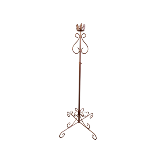 Copper colored ornate floor standing candlestick. Four feet on the floor curve into 1 solid stick with curved detail at the top. Holds 1 candle.