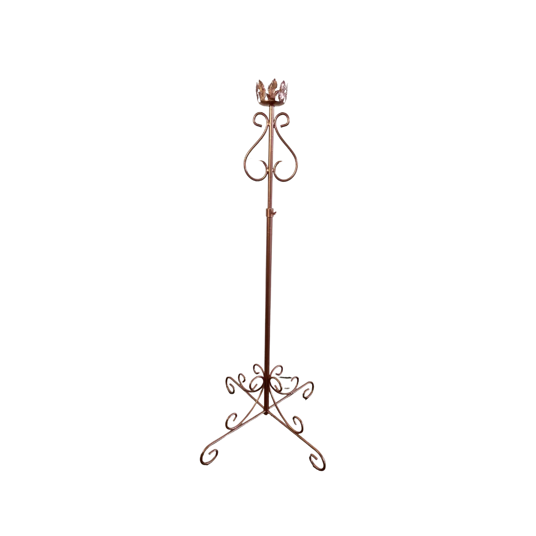 Xavier Floorstanding Candlestick WEBP Copper colored ornate floor standing candlestick. Four feet on the floor curve into 1 solid stick with curved detail at the top. Holds 1 candle.
