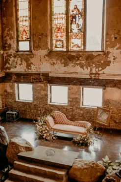 Arial view of the sofa in an old church venue