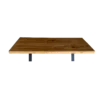 Mid century modern wood top rectangular coffee table in a warm stain. Metal legs from the center at an angle.