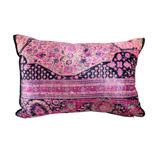 Shades of pink in whimsical curvy designs in a rectangular pillow