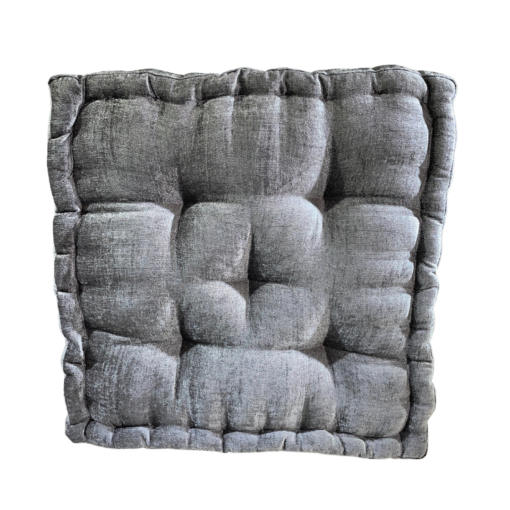 Gray square cushion with stitching on edges and 5 buttons