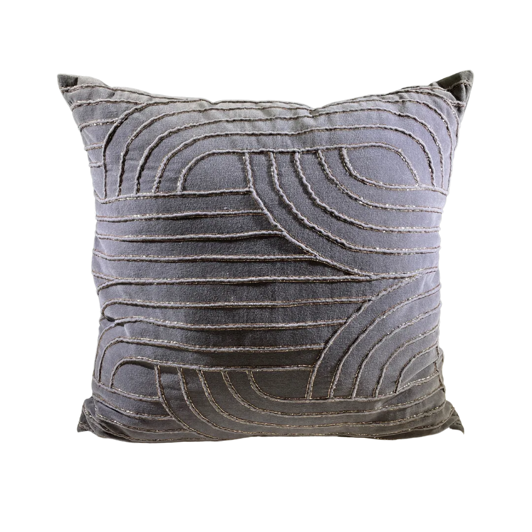 Bravos Pillow WEBP Gray velvet oversided pillow cushion with gold detailing in patterned lines
