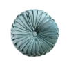 Stylish round pillow with velvet cover and button center. Fabric is bunched making rays out from the center.