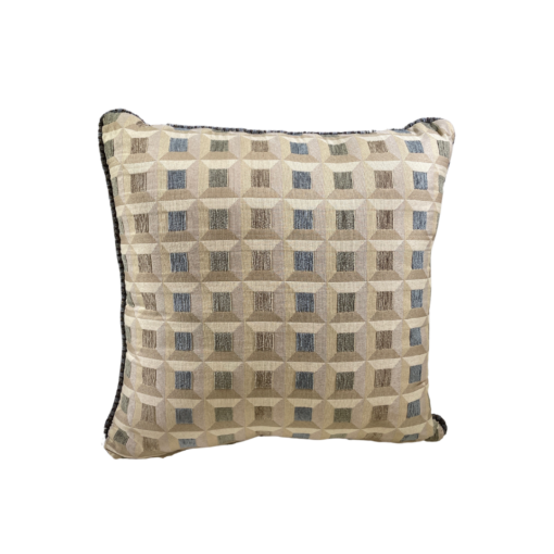 Tan square pillow with small organized squares in light blue, olive, and brown