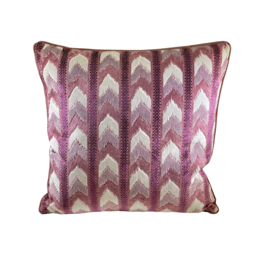 Oversized square pillow cushion with chevron stripes in shades of pink. Darker pink parallel lines between chevrons.