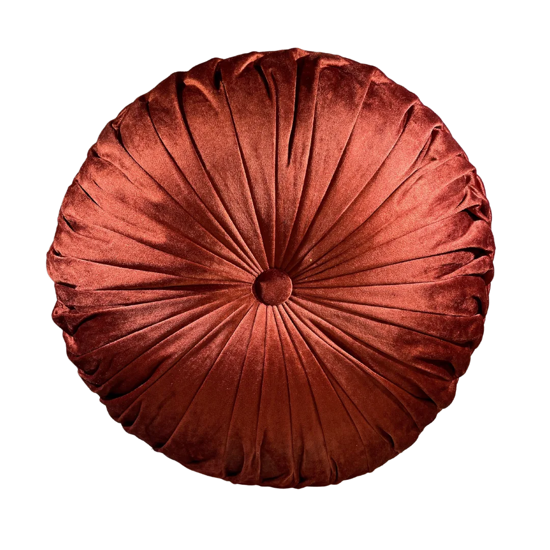 Ewin Round Pillow WEBP Burnt orange round velvet pillow with a button in the middle