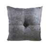 Gray square pillow with a button in the middle with 4 stitched lines from the edge to the center