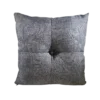 Gray square pillow with a button in the middle with 4 stitched lines from the edge to the center