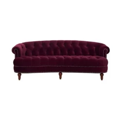 Burgundy chesterfield sofa with velvet fabric and nailhead accents