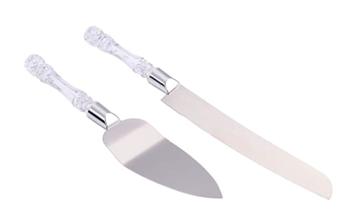 Matching cake server and knife; silver with clear handles