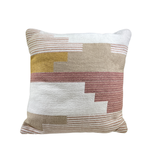 White square pillow with tan, amber, and coral blocks of color.