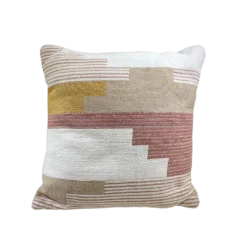 White square pillow with tan, amber, and coral blocks of color.