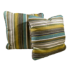 Square pillow with multicolored stripes in olive, brown, turquoise , white, and