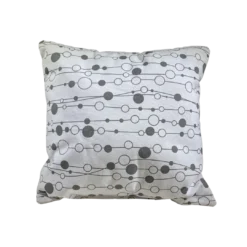 Square white pillow with solid gray and open gray circles connected by thin lines