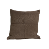 Square brown pillow with stitching down the middle from top to bottom and left to right, meeting in the middle.