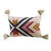 Rectangular pillow with bold lines and angles. Tassels on the corners