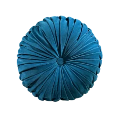 Blue round velvet pillow with button in the middle