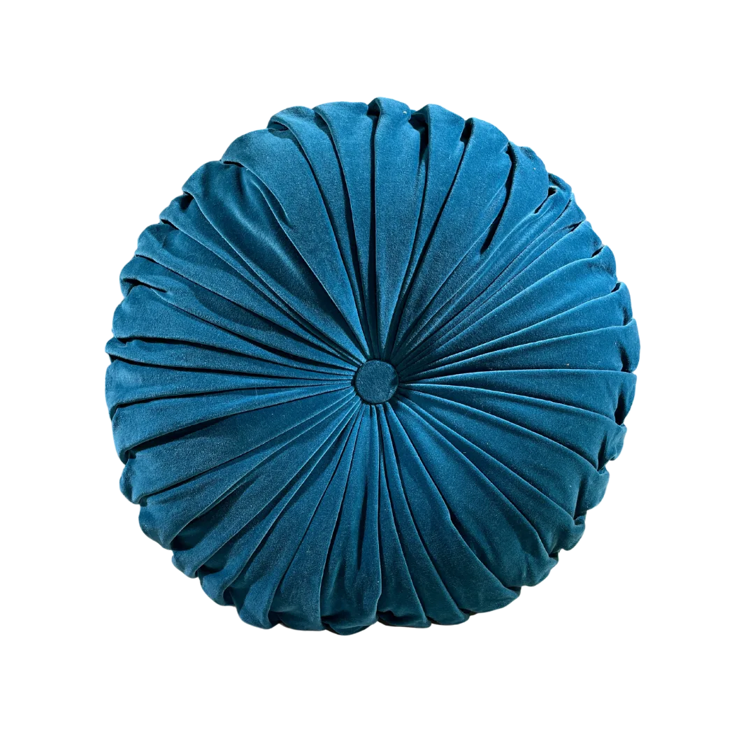 Tiago Round Pillow WEBP Blue round velvet pillow with button in the middle