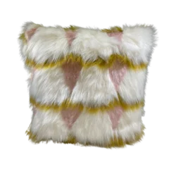 Furry square pillow with white squares and amber and pink in between the squares