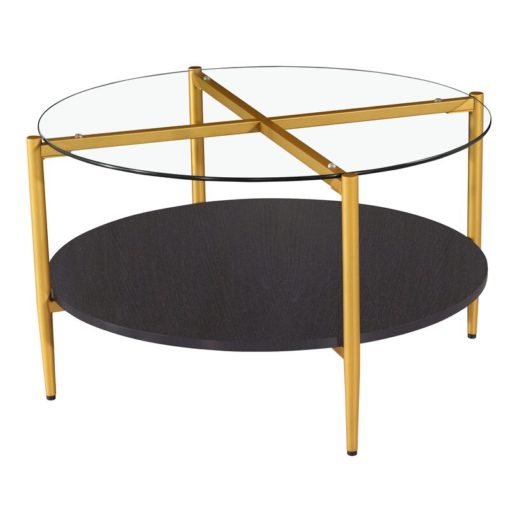 Gold X viewable under a round glass top. 4 gold legs and black round shelf.