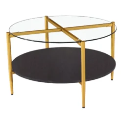 Gold X viewable under a round glass top. 4 gold legs and black round shelf.