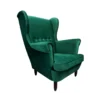 Hunter green velvet wingback armchair with high back, round arms, buttons in the middle, and 4 black legs