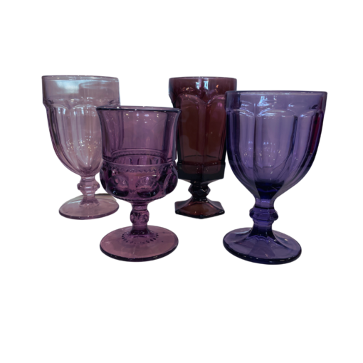 Assorted sizes, colors, and styles of purple goblets in different hues.