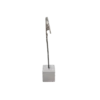 Silver. Square cube bottom with silver wire coming straight from the middle with a clip on the end to hold table numbers, seating assignments or food.