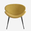 Front View of mustard yellow chair. Oval back, curved seat. Black metal legs