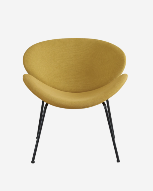 Front View of mustard yellow chair. Oval back, curved seat. Black metal legs