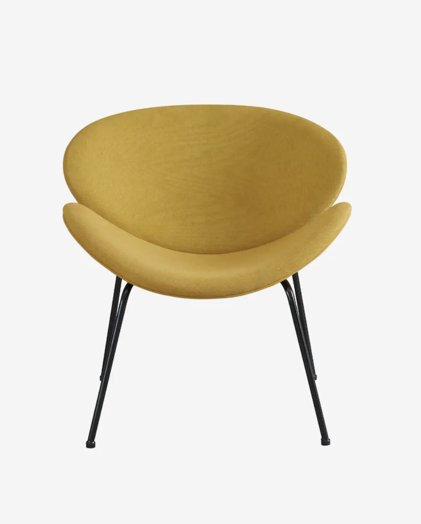 Amura Accent Chair Front View WEBP Front View of mustard yellow chair. Oval back, curved seat. Black metal legs