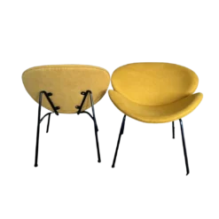 Two mustard MCM chairs - one facing forward and one facing backwards
