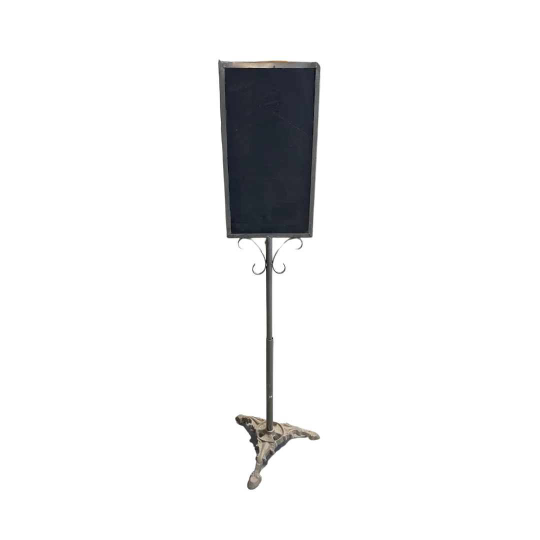 Conway Slate Chalkboard Sign WEBP Black slate two sided chalkboard on a freestanding metal stand with ornate feet.
